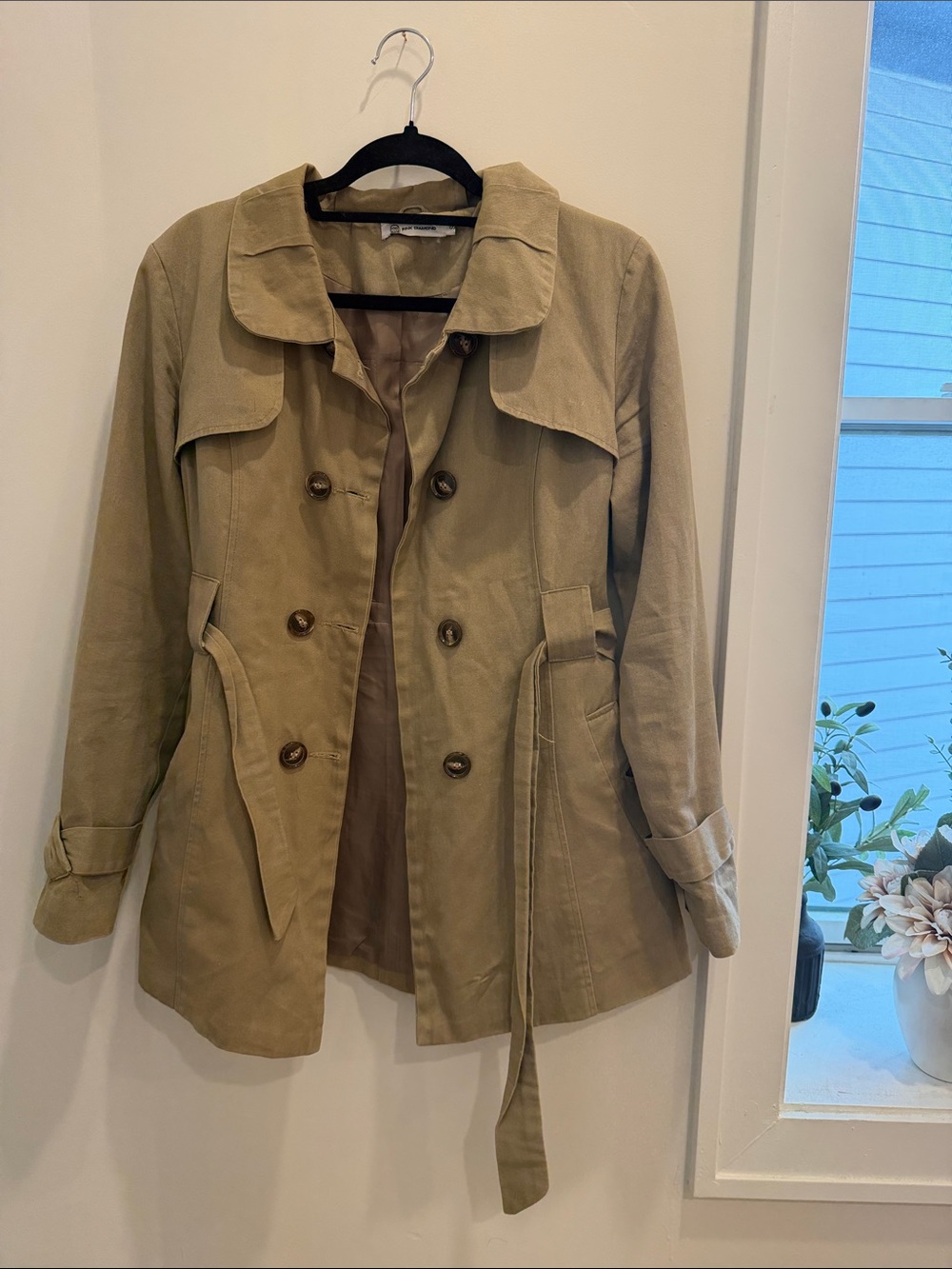 Women's Khaki Double-Breasted Trench with Waist Tie